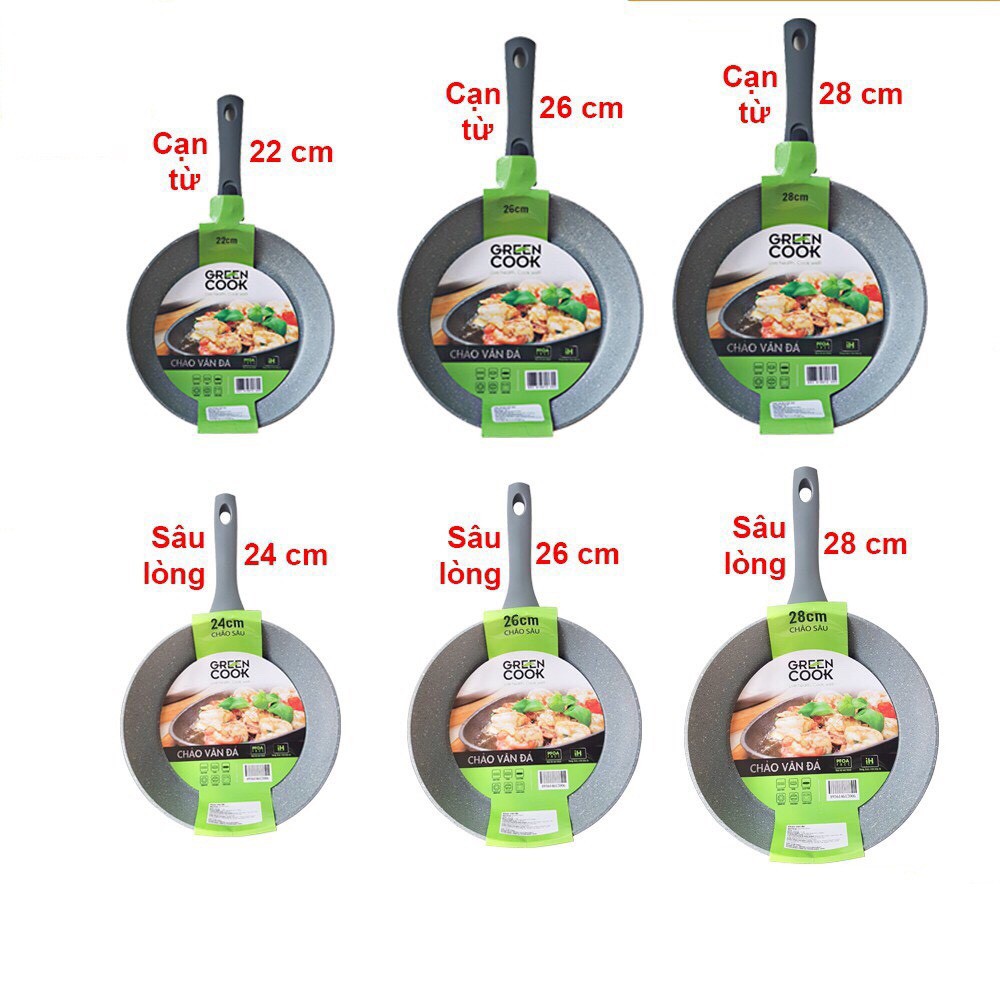 Chảo vân đá đáy từ chống dính GreenCook Gcp02-20/22/24/26/28/30cm - KILA