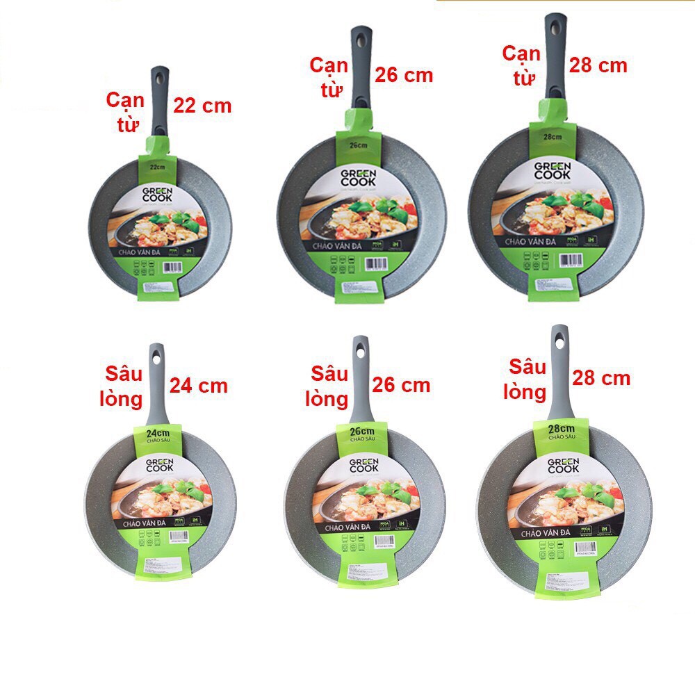 Chảo vân đá đáy từ chống dính GreenCook Size (đường kính) 22 24 26 28 30cm - GREEN