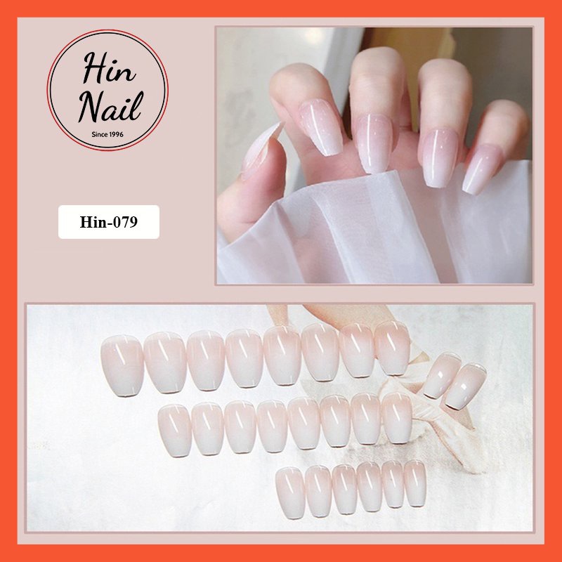 Bộ móng tay giả dài kèm keo Hin Nail tông màu trắng sữa