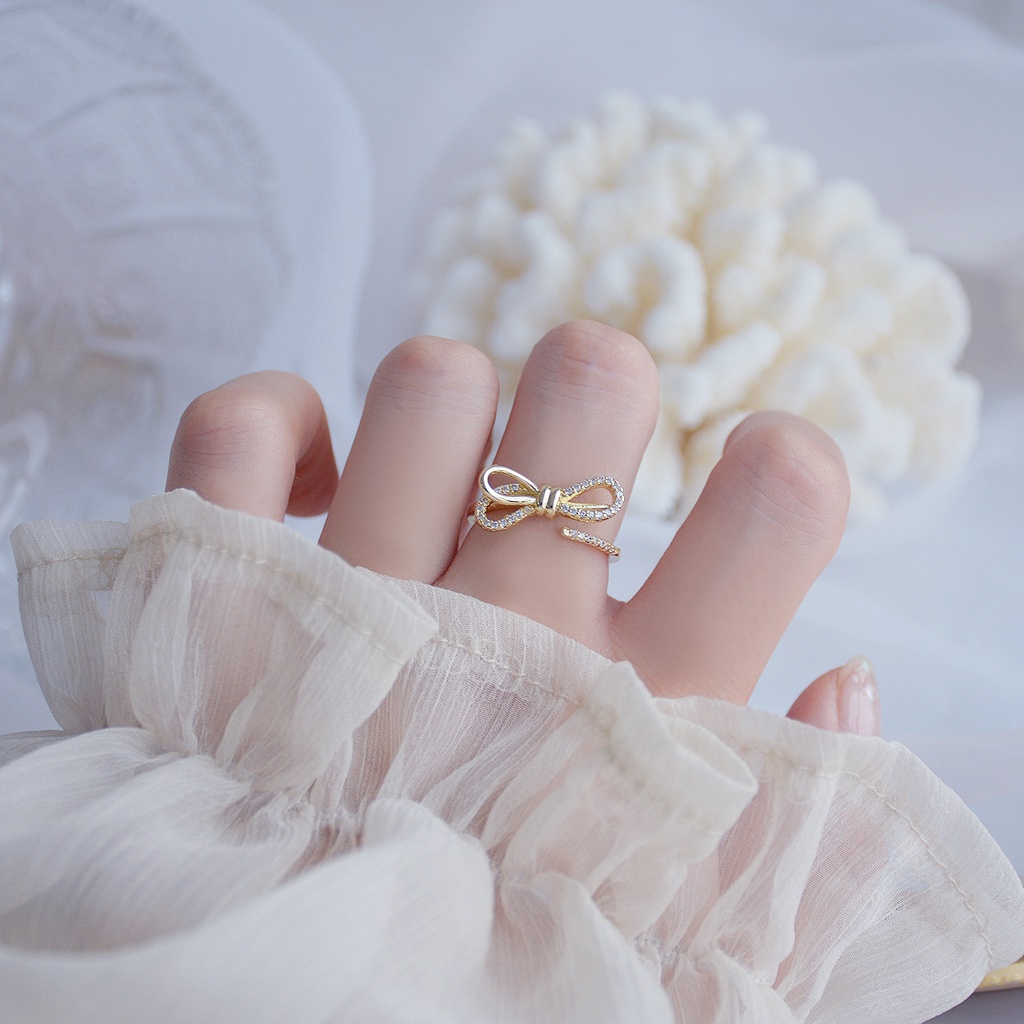 Nhẫn Hở Mạ Vàng 18k Hình Nơ Đính Đá Zircon