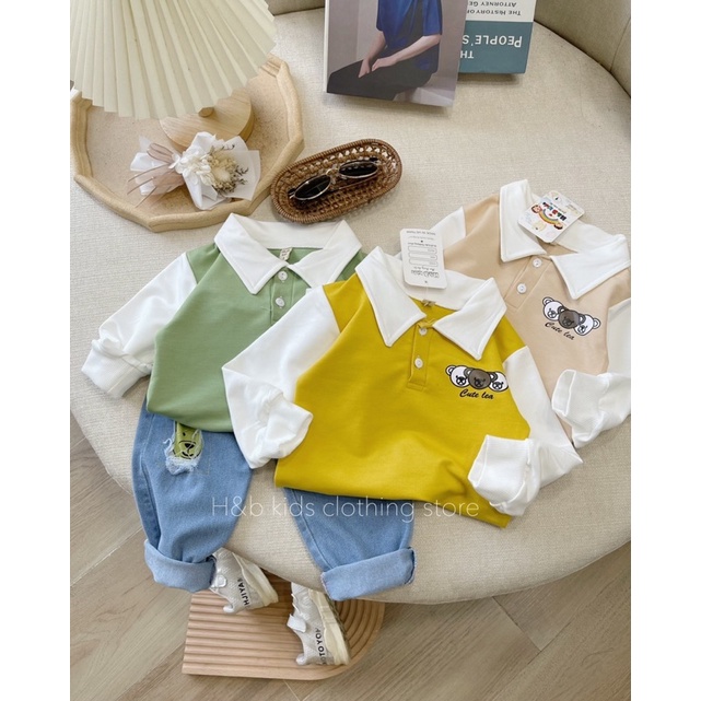 bộ áo da cá gấu cổ bẻ quần bò cho bé (hàng shop )