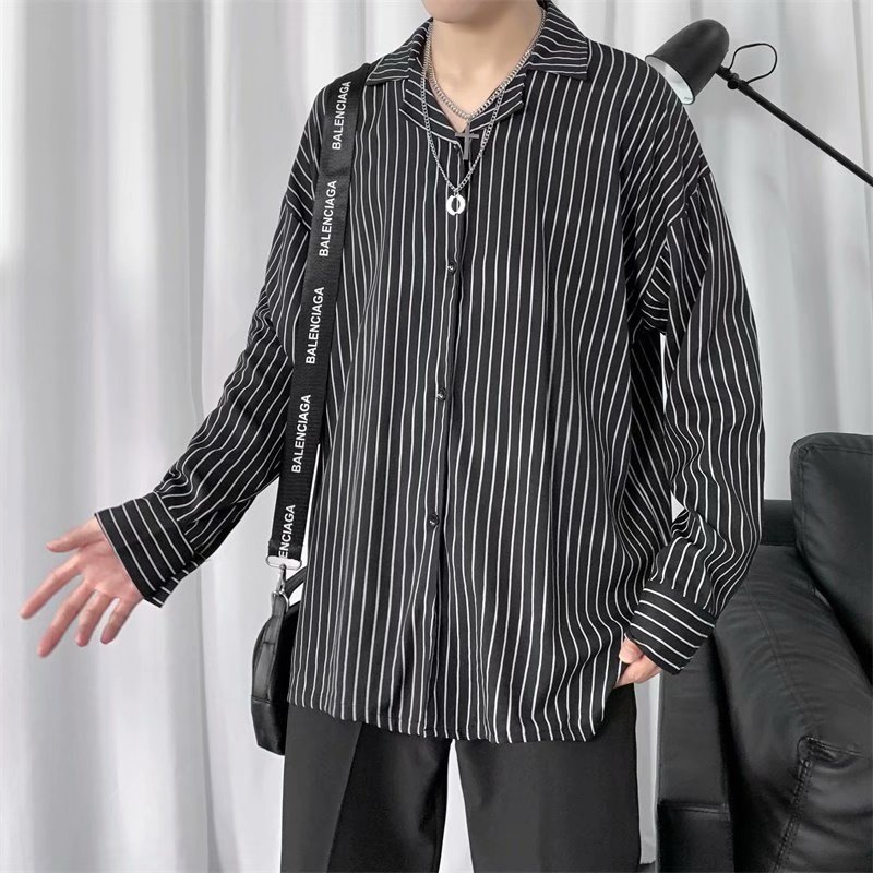 Korean Fashion Striped Striped Neck Long Sleeve Shirt for Men