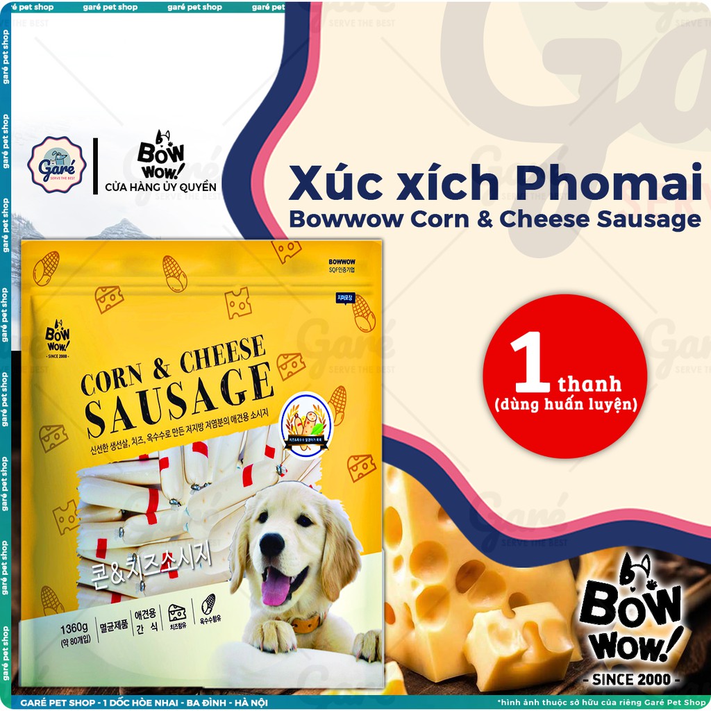 Xúc xích Phomai cho Chó &amp; Mèo Bowwow Korea - Bowwow Cheese &amp; Corn Sausage( lẻ)