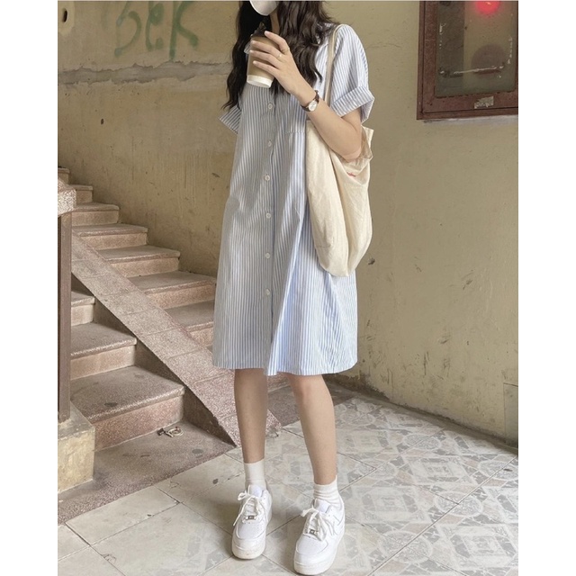 Váy sơ mi suông cộc tay kẻ sọc dọc siêu dễ mặc basic vintage
