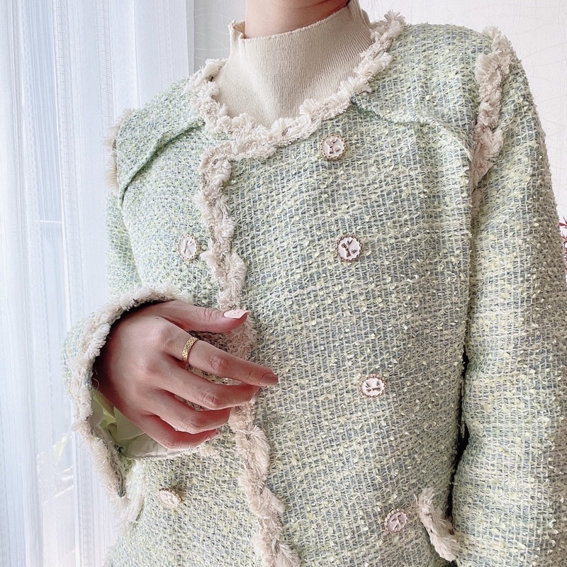 Áo khoác dạ tweed cổ tròn phong cách Hàn Quốc