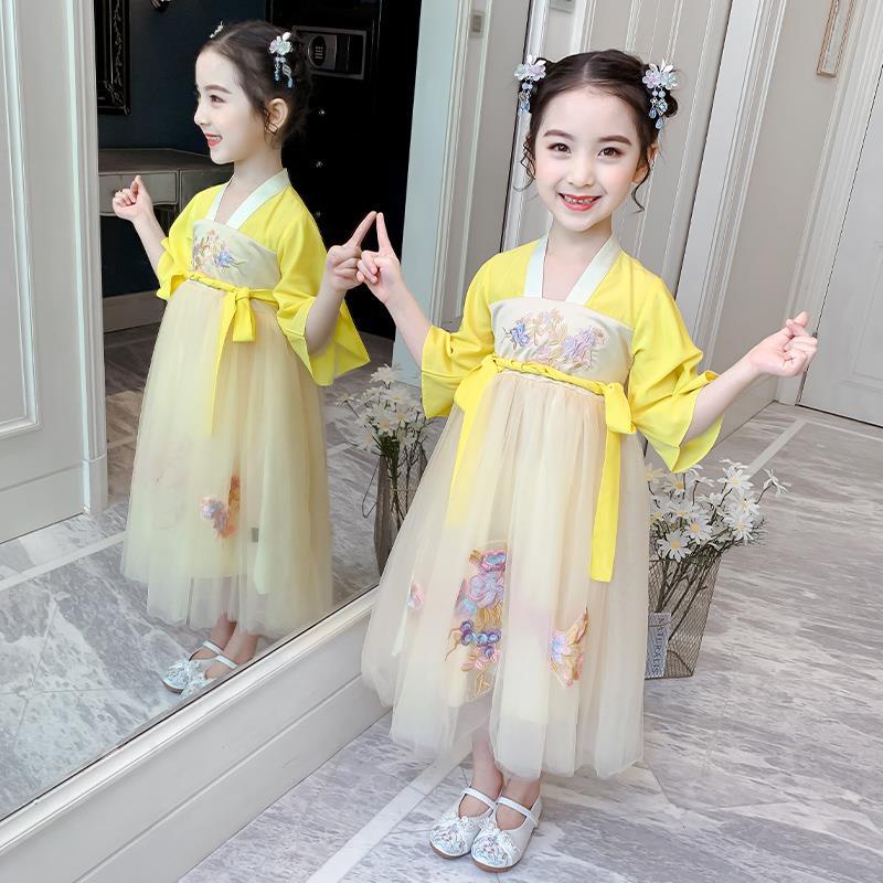 Đầm Hán Phục Tay Ngắn Chất Liệu Chiffon Thêu Họa Tiết Thời Trang Mùa Hè 2022 Phong Cách Trung Hoa Mới Cho Bé