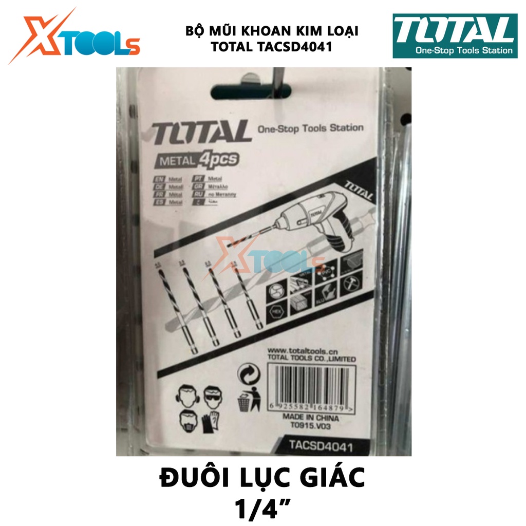 Bộ 4 mũi khoan kim loại kim đuôi lục giác TOTAL TACSD4041 Combo 4 mũi khoan đuôi gài Gồm 4 size, Đuôi lục giác 1/4&quot;, thé