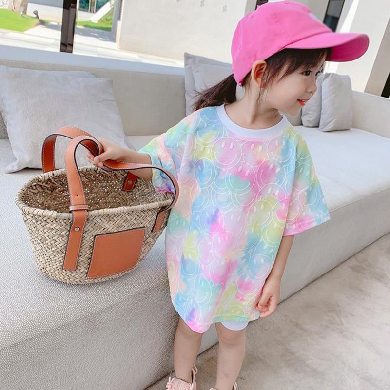Áo Thun Ngắn Tay Họa Tiết Mặt Cười Màu Nhuộm Phong Cách Phương Tây Mới Cho Bé Gái