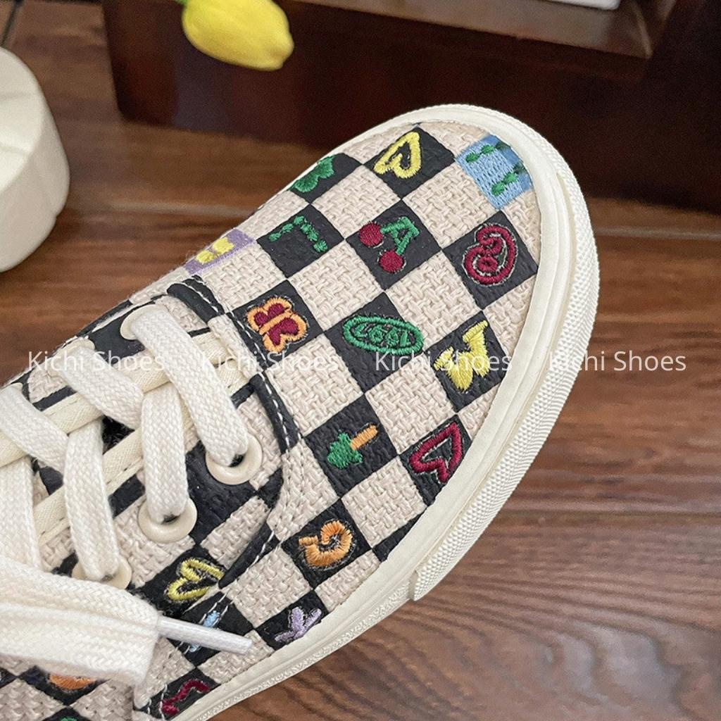 Giày vải phối vải canvas thêu họa tiết kẻ caro sắc màu sọc hình trẻ trung dành cho nữ Kichi Shoes mã 1182