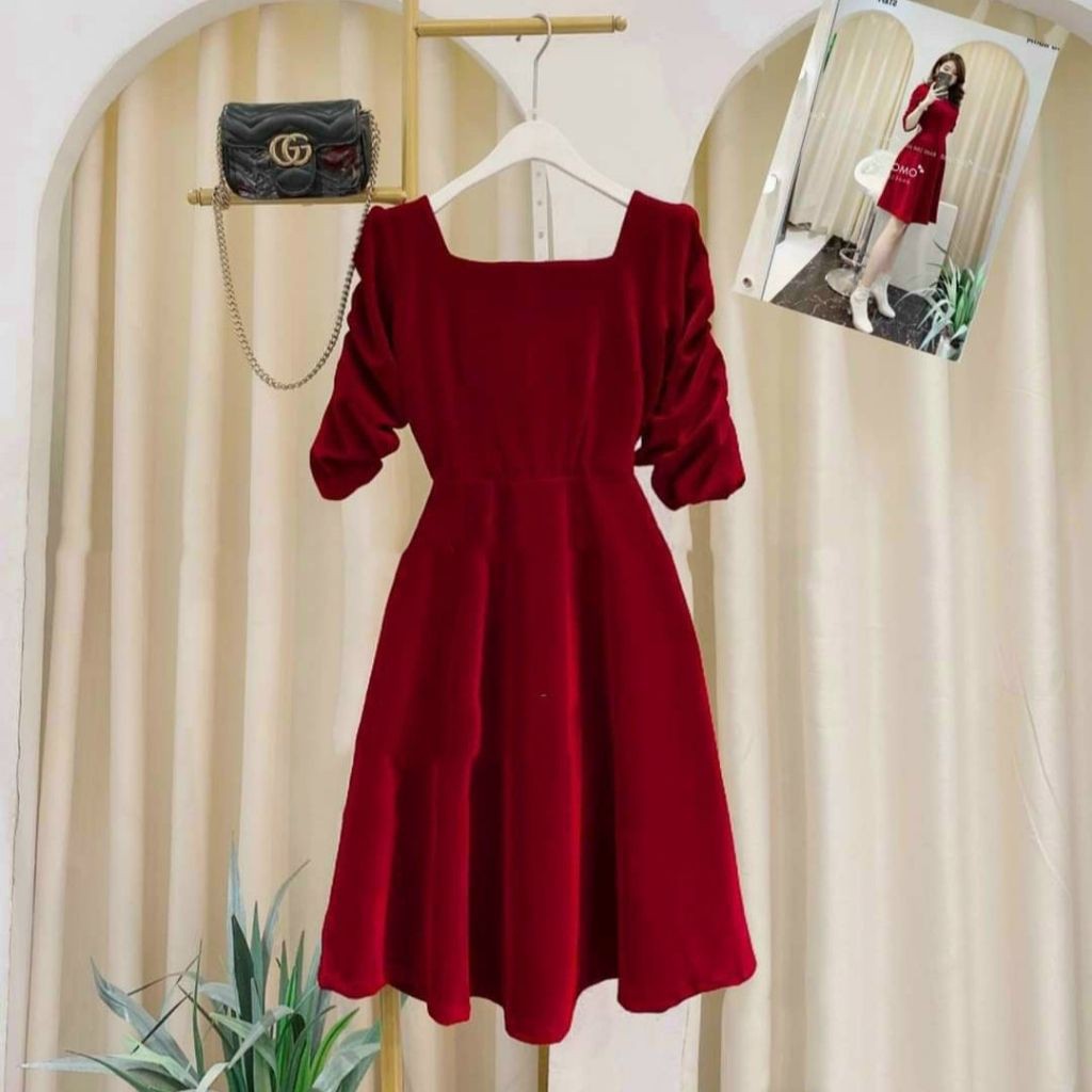 Váy Thiết Kế chữ A tay rút, Váy nhung xinh xắn, màu đỏ đầy may mắn - H&N Shop