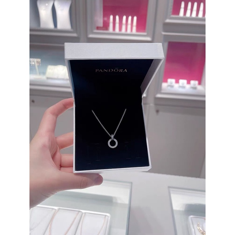 Vòng cổ Mặt Nhẫn Đôi Pandora Mạ Bạc 925 Đính Kim Cương Nhân Tạo Thời Trang Dành Cho Nữ