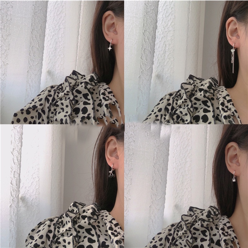 Bộ 4 / 6 Khuyên Tai Tua Rua Hình Trái Tim / Gấu Màu Đen Ngọt Ngào Cho Nữ