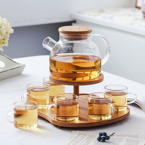 (SẴN) Set 1 bình trà 1 L + 6 cốc 100ml - Bình trà thủy tinh chịu nhiệt cao cấp Borosilicate, hàng xuất Âu