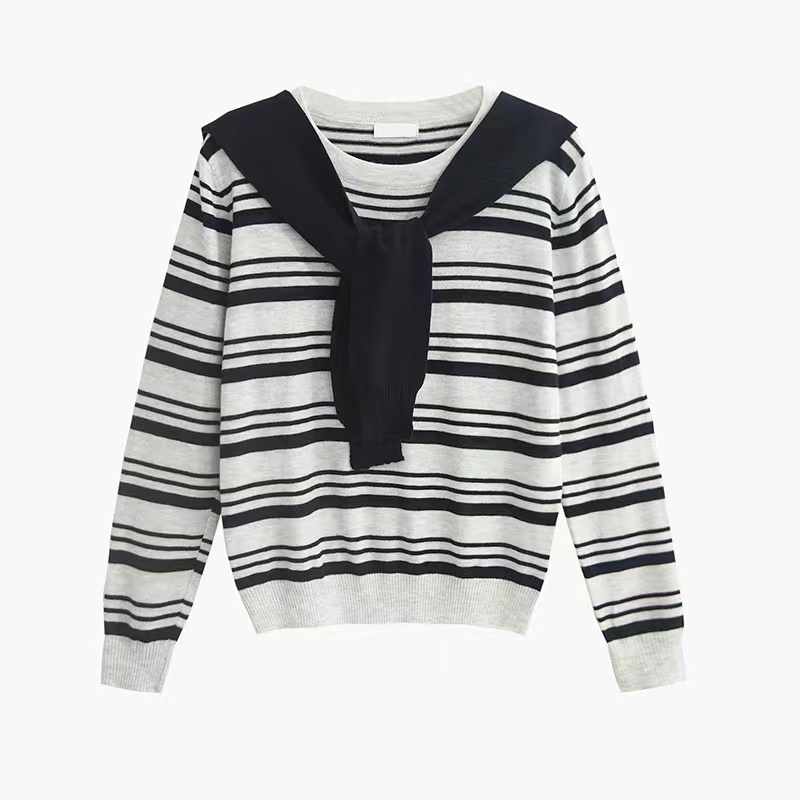 Áo kiểu SUXI dáng mỏng cổ tròn tay dài kẻ sọc kiểu Hàn Quốc xinh xắn cho nữ