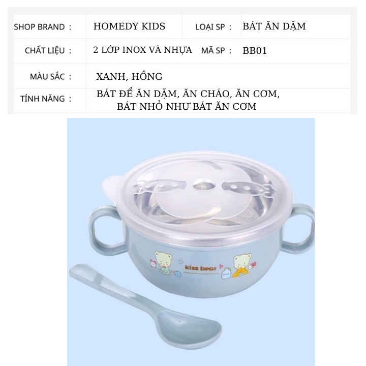 [HCM - SIÊU RẺ] Bát Ăn Dặm Inox 2 lớp Cách Nhiệt Cho Bé Có Tay Cầm Nắp Đậy Kèm Thìa