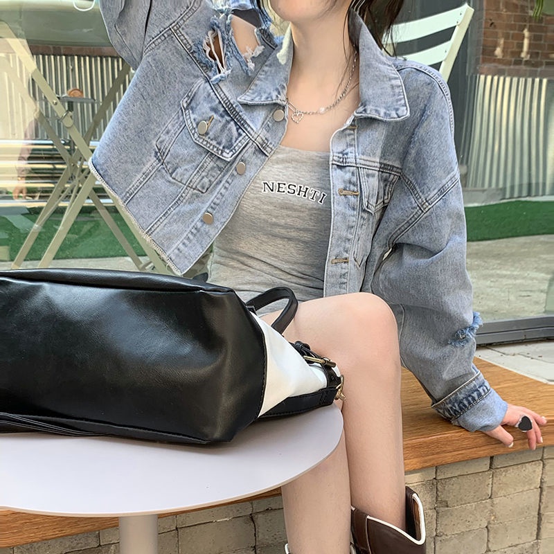 Áo Khoác Denim Tay Dài Dáng Rộng Thiết Kế Rách Thời Trang Mùa Hè Cho Nữ