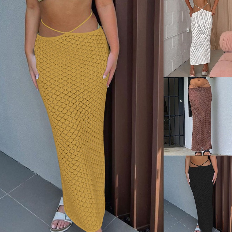 Chân Váy Maxi Đan Len Đuôi Cá Lưng Thấp Màu Trơn Thiết Kế Khoét Lỗ Thời Trang Mùa Hè Quyến Rũ Cho Nữ