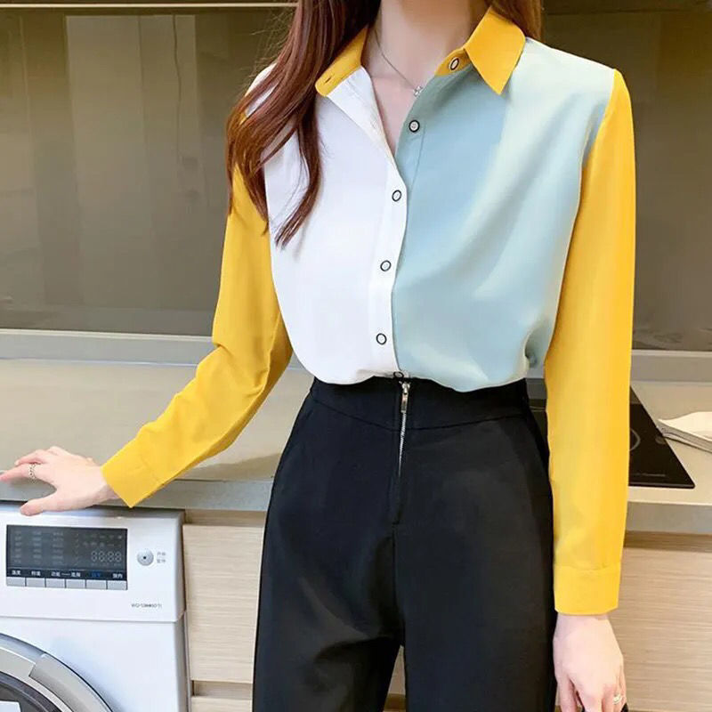 Áo Chiffon Tay Dài Dáng Rộng Phối Màu Thời Trang Hàn Quốc 2021