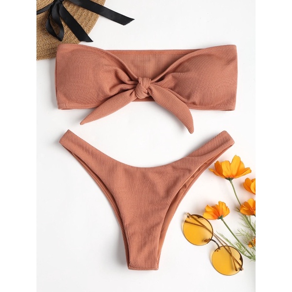 Bikini Set Quây Buộc Nơ Chất Thun Tăm Quần V Tôn Dáng
