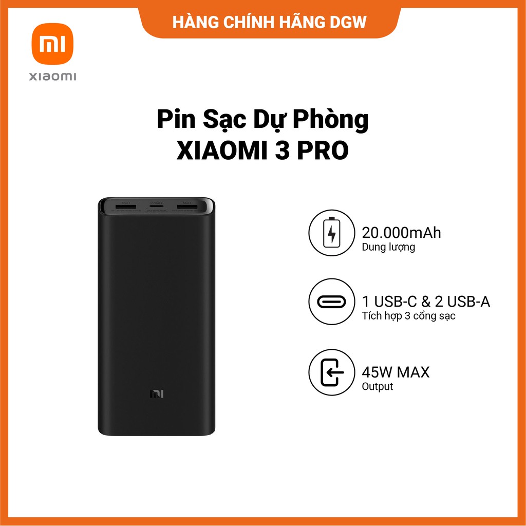 Hàng chính hãng Digiworld | Pin Sạc Dự Phòng XIAOMI 3 PRO | Thời Gian Sạc Nhanh Chóng | 20000MAH