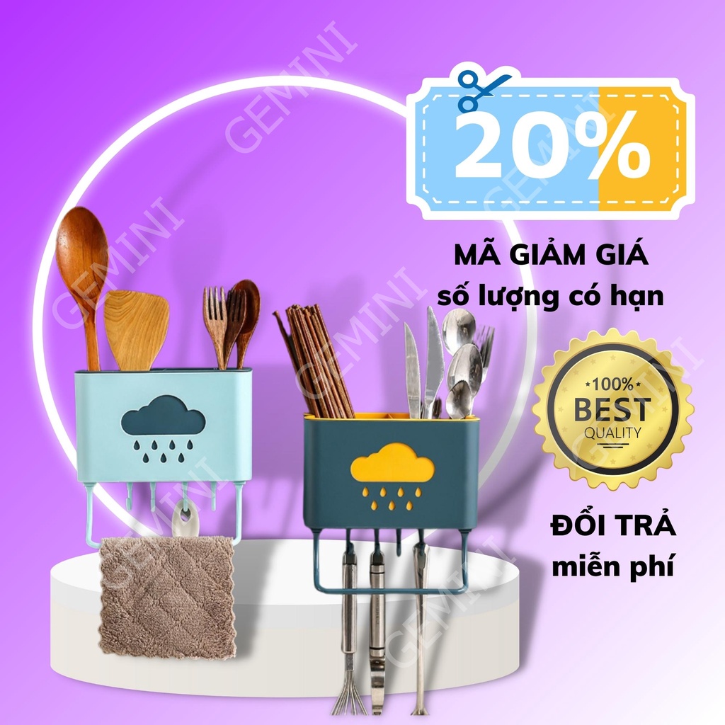 Kệ đựng đũa đẹp dán tường hình đám mây ống đũa dễ thương, cute có 4 móc và khay treo khăn F435