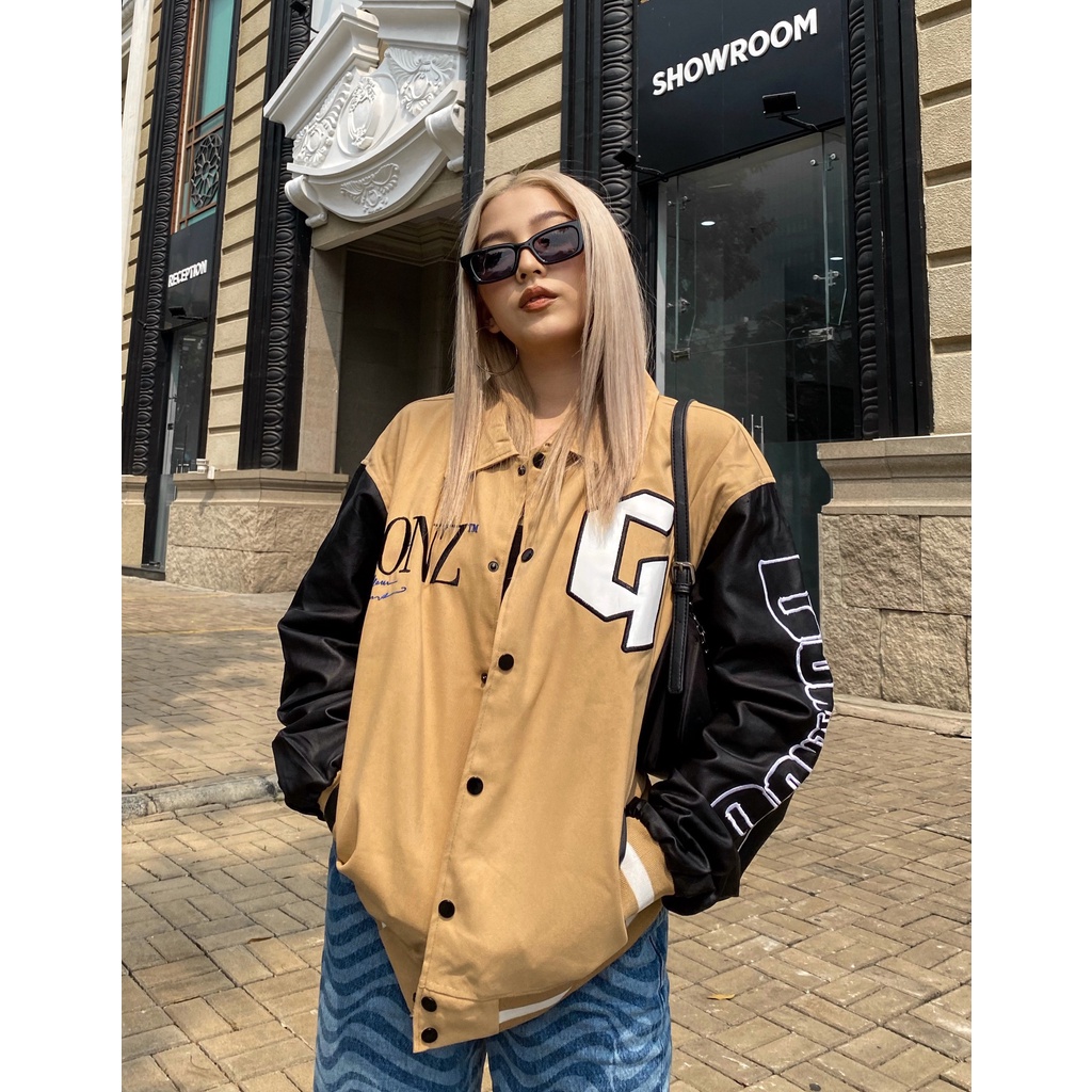 Áo Khoác Da Lộn Form Rộng Phối Tay Da Leather Seeve Jacket Varsity V16 - Màu Cream