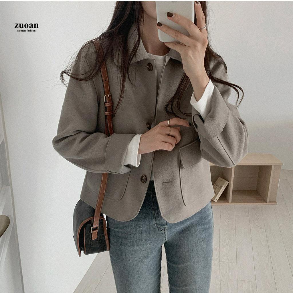 SUXI Áo khoác len màu trơn phong cách Hàn Quốc thanh lịch cho nữ