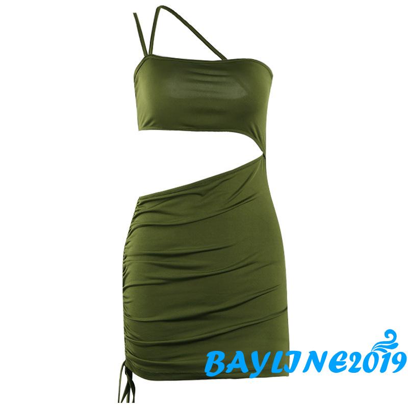 Đầm ôm lệch vai xếp ly màu trơn ôm dáng không tay cho nữ