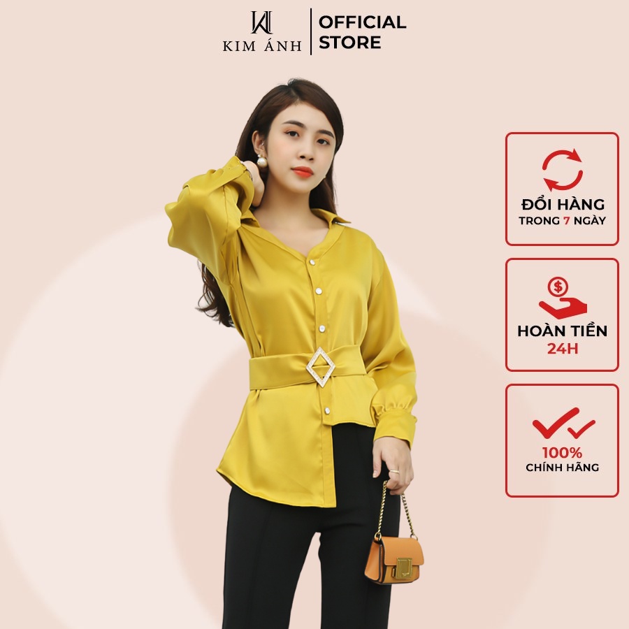 Áo Sơ Mi Kiểu Thiết Kế Lệch Tà phối nịt vải - KIM ÁNH,MA25001