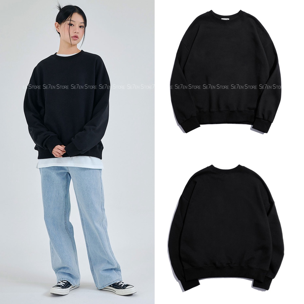 Áo Sweater trơn - Áo nỉ trơn  màu đen form rộng Hàn Quốc Unisex nam nữ mặc được
