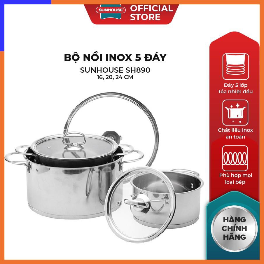 Bộ Nồi Inox 5 Đáy SUNHOUSE SH890 16, 20, 24 cm