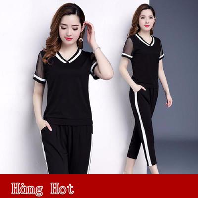 Set Đồ Thể Thao Áo Thun Tay Ngắn Phối Lưới + Quần Dài Màu Đen Phong Cách Năng Động Cho Nữ