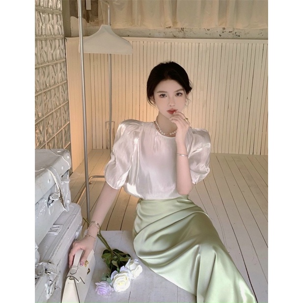 SET LỤA ÁO TAY LỠ + CVAY MIDI XANH