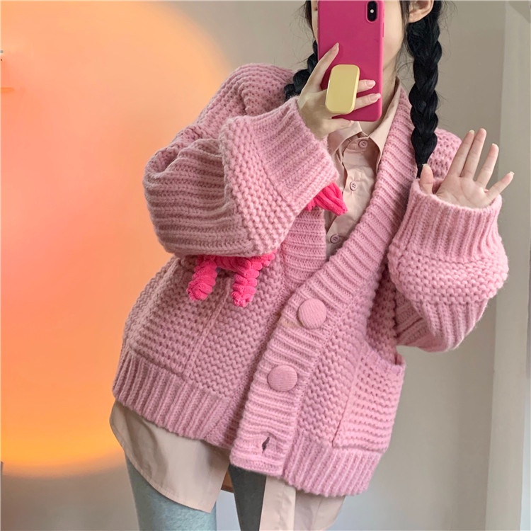 Áo Khoác Cardigan Cổ Chữ V Dáng Rộng Màu Hồng Thanh Lịch Thời Trang Dành Cho Nữ
