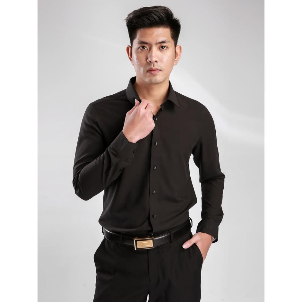 Áo Sơ Mi Nam Dài Tay ARISTINO ALS39707 Somi Công Sở Cao Cấp Màu Đen Trơn Vải Sợi Sồi Mềm Mát Dáng Ôm Không Túi *&)(