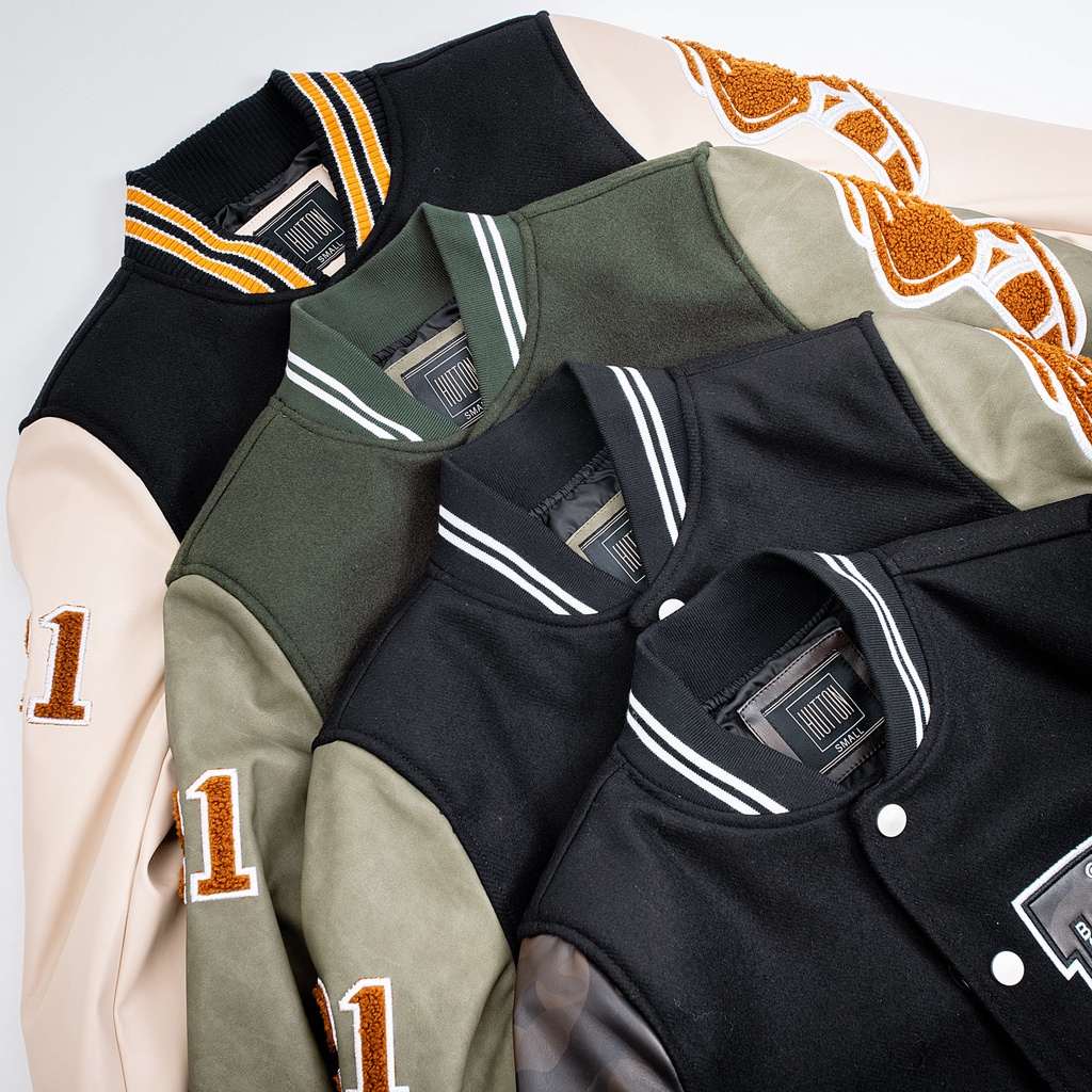 Áo Varsity HUTTON Dạ Đen Thêu R Tay Da Hoạ Tiết Camo