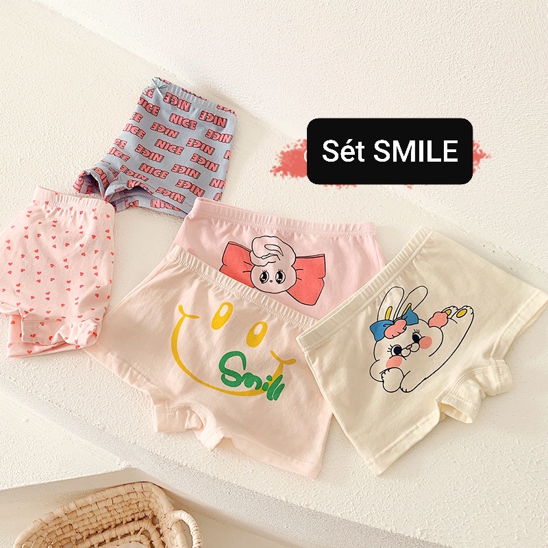 Combo 5 quần chip cho bé gái cotton hoạ tiết SMILE dễ thương từ 9-35kg