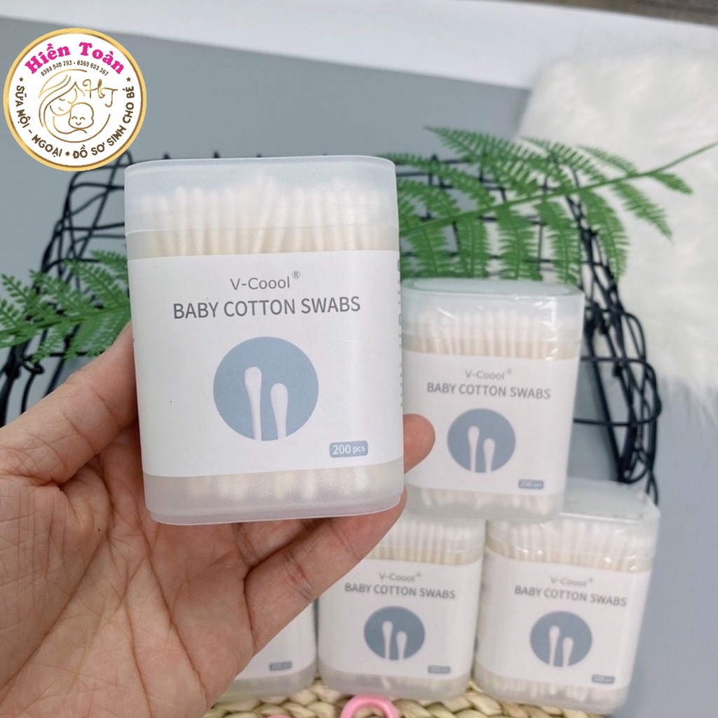 Tăm bông trẻ em -Tăm bông sơ sinh đa năng VCOOL kháng khuẩn lõi giấy thành phần tự nhiên an toàn sử dụng hộp 200 chiếc