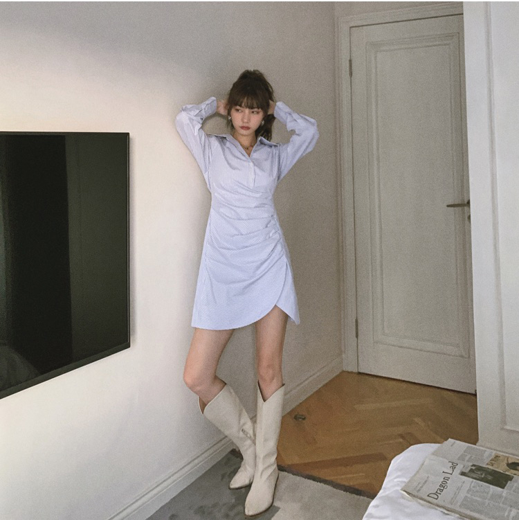 Đầm sơ mi peppermint dài tay kẻ sọc xinh xắn cho nữ 40135