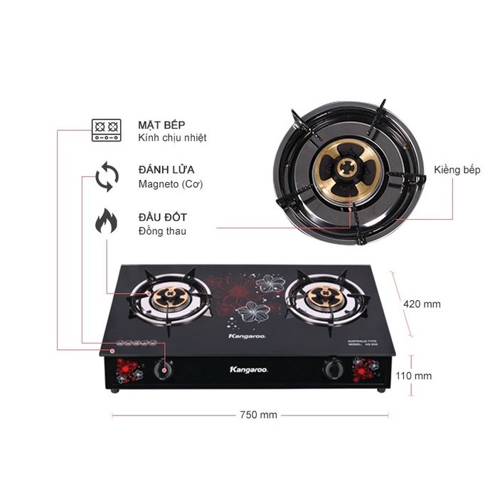 Bếp gas dương kính hai lò Kangaroo KG507