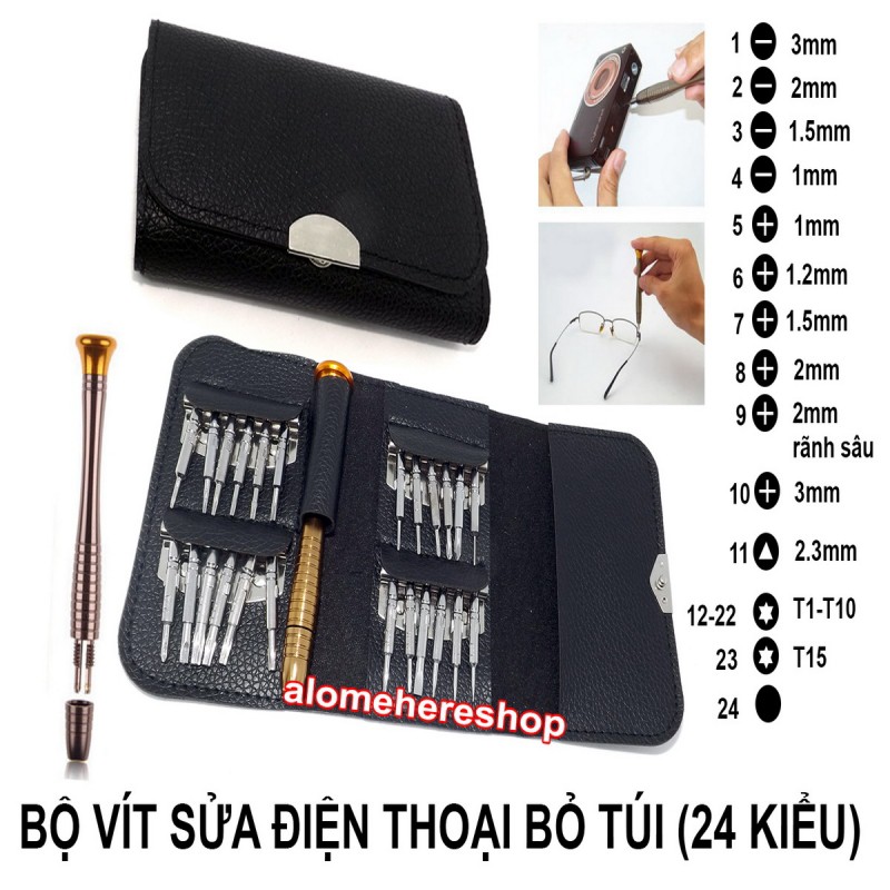 Bộ tô vít ví da 25 trong 1 được đựng trong bao da tiện lợi như 1 chiếc ví bỏ túi mini, với 24 đầu vít các loại