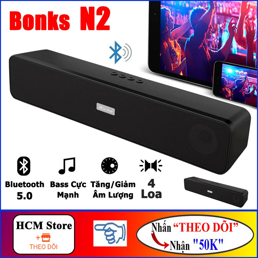 Loa Bluetooth không dây 5.0 Bonks N2 Bass Cực mạnh, Âm vòm 6D kết hợp 4 Loa in 1, pin trâu sử dụng lên đến 15h