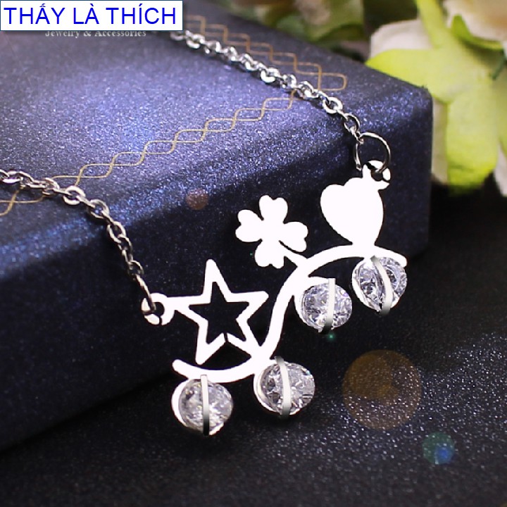 Dây chuyền cho nữ đẹp kiểu 4 viên đá cách điệu ngôi sao cỏ 4 lá và tim - Cam kết 1 đổi 1 nếu hoen , gỉ sét