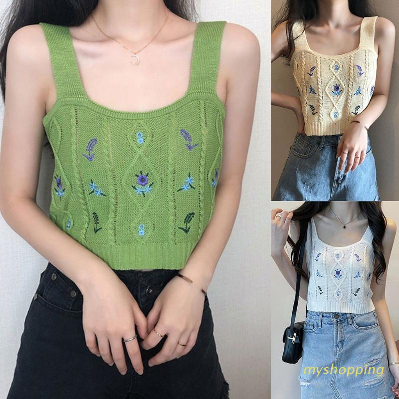 Áo croptop nữ dệt kim thêu hoa cổ điển thời trang mùa hè phong cách boho