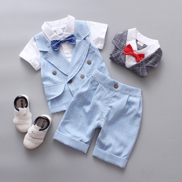 Set bộ giả vest bé trai xuất hàn 1 set gồm : áo giả 2 mảnh, quần sooc và nơ cổ chấm bi ạ 😍