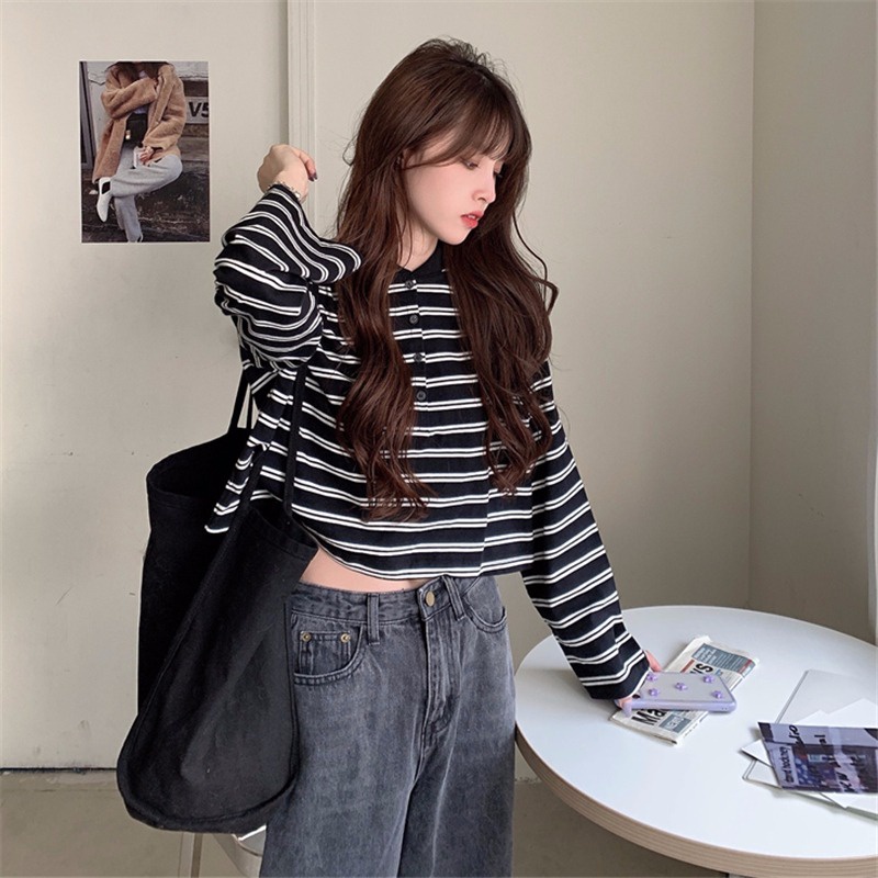 SUXI Áo polo Tay Dài Họa Tiết Kẻ Sọc Phong Cách Hàn Quốc Cổ Điển Thời Trang Cho Nữ