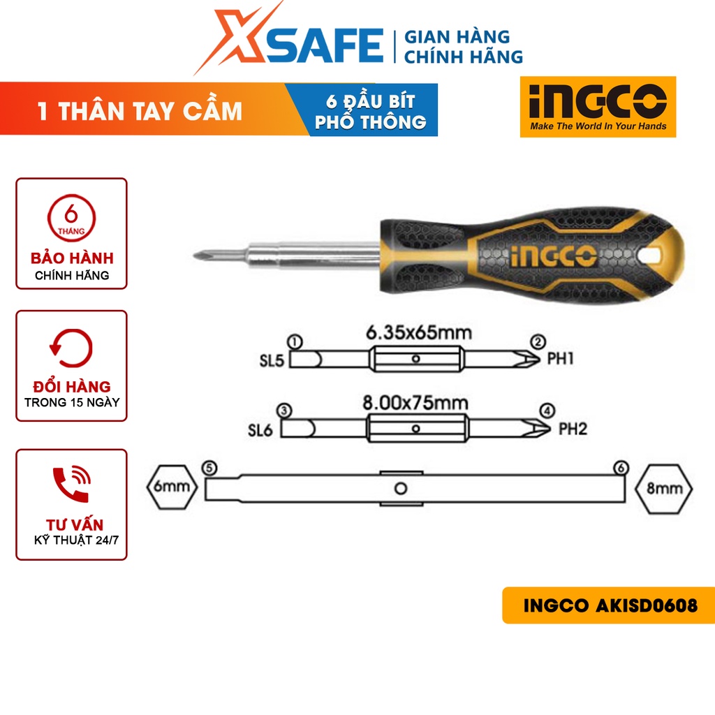 Tuốc nơ vít 6 đầu INGCO AKISD0608 - Size SL5, SL6, PH1, PH2, 6mm, 8mm [CHÍNH HÃNG][XSAFE]