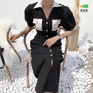 Đầm sơ mi tay dài họa tiết sọc caro phong cách retro hàn quốc