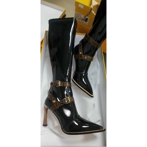 boot nữ bốt cổ cao gót nhọn mũi fendi da bóng thời trang boots gối lửng (fullbox loại 1)