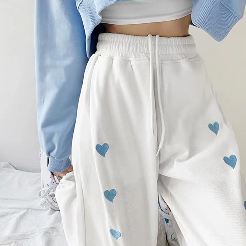 Quần Jogger Ống Rộng Lưng Cao Thêu Họa Tiết Trái Tim Xinh Xắn Cho Nữ